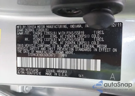 2012 Toyota Highlander Limited V6 z USA, uszkodzony, nr VIN 5TDYK3EH0CS063873